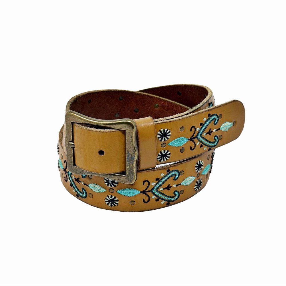 Vintage Lucky Brand Tan Leather Belt with Turquoise and Black Embroidery